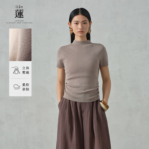 阿依莲【商场同款】半高领短袖针织衫女2025夏季新款修身显瘦别致上衣 冷萃棕 S