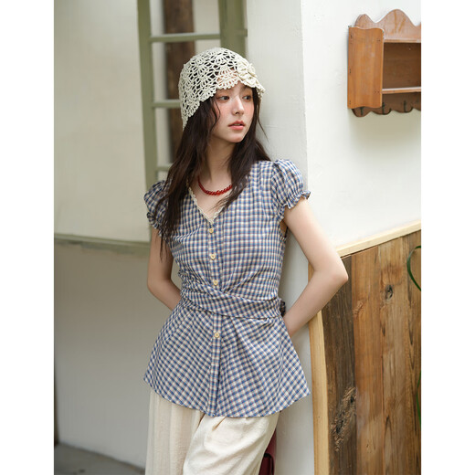 Mystery Spitzenspitze kurzärmeligte Hemd für Frauen 2025 Sommer Neue Fliege Biege Puff-Hemd Taille Top Trendy Blue Grid m