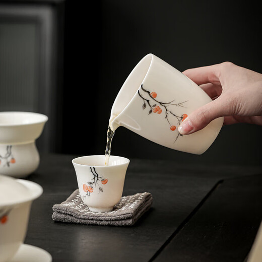 Beiyou Guochao Hand-painted Persimmon Ruyi Kung Fu Tea Set for Teachers, Elders, Leaders, Customers and Friends Housewarming Gift Box Guochao Mutton Fat Jade Porcelain丨Hand-Painted Persimmon Set (Gift Box)