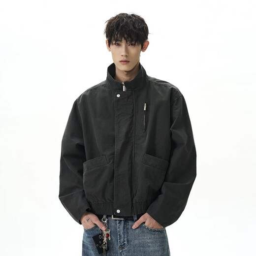 To the aesthetic retro high street cleanfit stand-up collar bomber jacket men's trendy boxy short work jacket clothes men's khaki XL recommended 130-145Jin Jin is equal to 0.5 kg