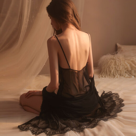 
Ono seven days couple flirting pajamas suspender nightgown for women with mesh pure and delicate style thin lace fun sexy bed nightgown transparent lace suspender skirt (breastless pad) + jacket One size 80-120Jin [Jin equals 0.5 kg]