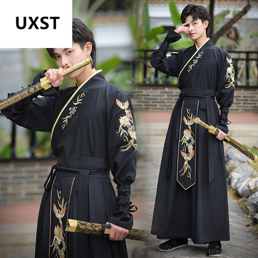 Uxst Original Hanfu Herrenkleidung Chinesischer Chinesischer Altstil Kampfkunst Schwertkämpfer Kostüm Herren -Schüler Männer -Gelehrte und Wissenschaftler der alten Kostümkleidung 825 Schwarzer Anzug + Armband L.