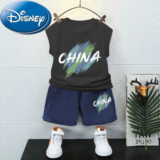 迪士尼（Disney）男童纯棉无袖坎肩背心套装外穿夏季薄款炸街中大童短裤两件 白色背心T1049+黑短裤T1049 90 cm建议身高CM以b