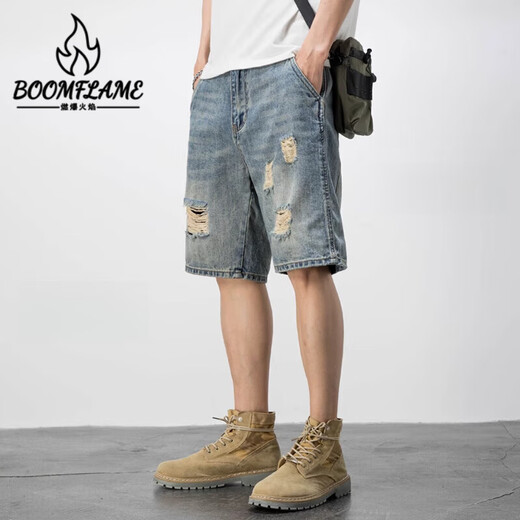 燃爆火焰 BOOMFLAME美式休闲复古乞丐破洞牛仔短裤男宽松潮流痞帅五分裤夏季薄款中裤 719蓝色 28 95-110斤