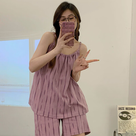 Pajamas à suspense de Shantoulin Village pour femmes en été avec poitrine rayures en deux pièces 2025 Nouveaux vêtements de nuit sweet simples AF9207 Xiaoyunduo Set Pad fixe poitrine M M