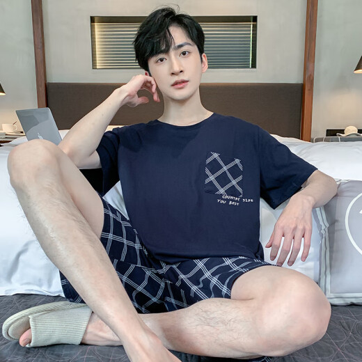 浪莎睡衣男夏季纯棉薄款短袖短裤可外穿休闲男士加大码凉感家居服套装 9928# 3XL [建议160-180斤]e