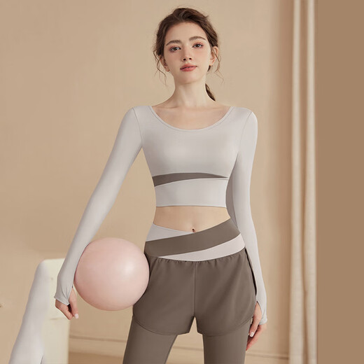 Bright dipped yoga wear color matching slim fit T-shirt with slimming and nude feel Pilates fitness running long-sleeved top ivory white XL