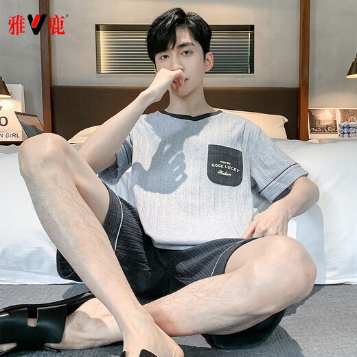 雅鹿睡衣男士夏季纯棉短袖短裤青年夏天薄款休闲大码可外穿家居服套装 HD-9928 L