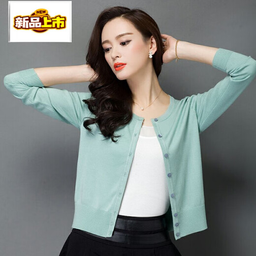 初径2025新款春秋装针织毛衣女开衫短款韩版时尚外搭长袖薄毛衣外套披 浅蓝色 2XL