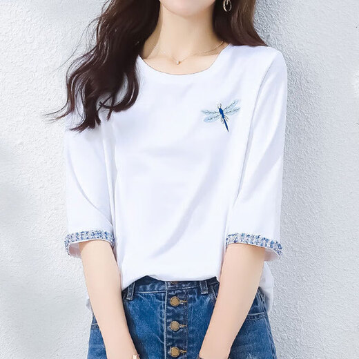T-shirt à manches à trois quarts aux yeux de côté pour les vêtements pour femmes de la mode, mince et petit ventre 2025 Nouveau haut à manches à mi-manche W6172 Bleu à mi-manches M recommandé 80-105jin [Jin est égal à 0,5 kg]