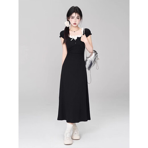 Hao'e French Black Square Kragen gefälschte zweiteilige Kleid für Frauen im Sommer Design High-End-Temperament Taille-Hugging Long Rock [gefälschter zweiteiliger Schwarz] M.