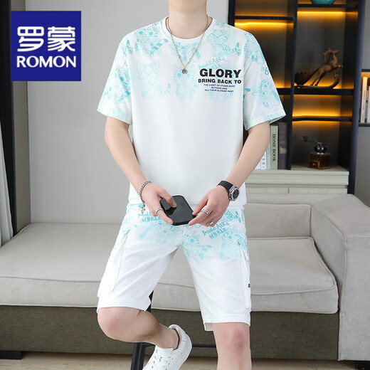 Romon 2025 summer new gradient color short sleeve men's suit youth versatile shorts men casual sports suit men 6187 blue L
