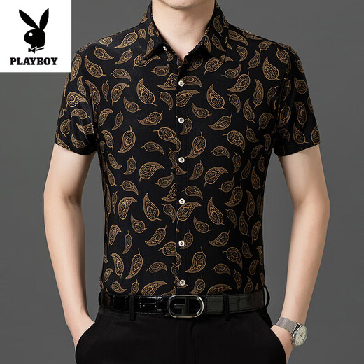 Playboy (PLAYBOY) 2025 Printed Shirt Men's Short Sleeve Top Summer Thin Casual Half Sleeve Shirt Jacket Men's Inch Shirt 9898 [Short Sleeve] L (170)