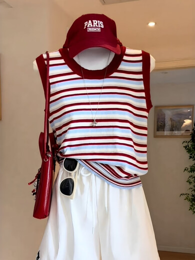 Plus Size Women's Red Striped Sleeveless Knitted Vest Summer Fat Millimeters Slim Appearance Wear Inside Out and Wear Beautiful Red Striped Tops Huge Good-Looking Sleeveless Tops M 80-100Jin Jin is equal to 0.5kg