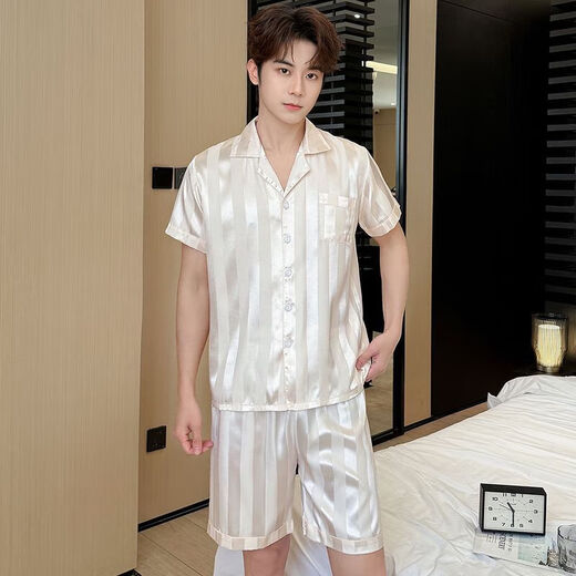 Herren-Pyjamas kurzärmelige Eisseide-Sommershorts für Teenager und männliche Studenten können Hauskleidung mit SX-679 Herren Champagner Muster XL [110-130jin [Jin gleich 0,5 kg]] tragen]