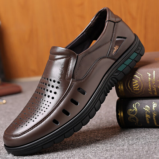 
YRC Yierkang's new summer hollow sandals toe layer cowhide middle-aged and elderly dad's shoes breathable shoes 9887 hollow black 40