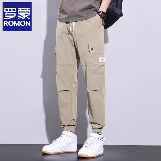 罗蒙（ROMON）工装裤男士夏季薄款宽松束脚九分哈伦裤潮流帅气速干休闲裤子 卡其 M