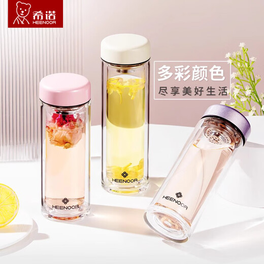 希诺（HEENOOR）玻璃杯双层泡茶杯可爱便携杯子女士高颜值水杯XN6563 6630 XN6631粉色230ML