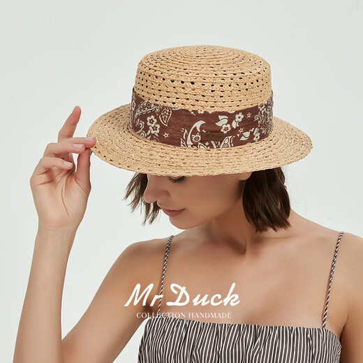 Mr DUCK2025秀场款 进口马达加斯加 拉菲草帽子女 夏天法式平顶礼帽镂空 本草/佩斯利啡棕（镂空平顶帽） M（55-57cm）