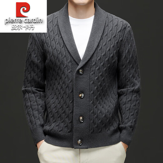 Pierre Cardin autumn and winter new high-end wool cardigan men's American style lazy style green fruit collar fashionable cable knit sweater jacket black L 170 recommended 115-135 Jin Jin equals 0.5 kg