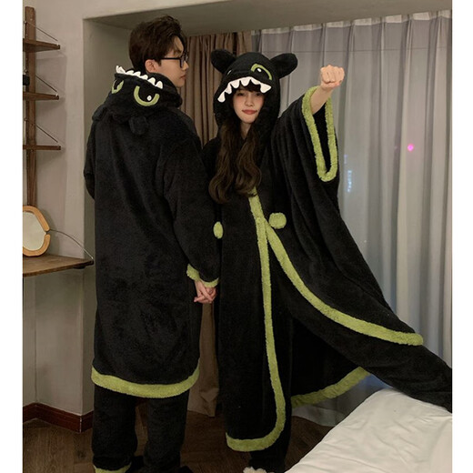 Toothless Nightgown Couple Pajamas for Women Autumn and Winter Coral Velvet Thickened Flannel Men's Black Home Clothes Winter Nightgown + Pants #66745 (Girls are the wide-sleeved version) 66319 XL Female (Weight 115-130