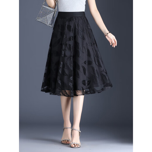 Faleta de malla de malla Zhufan Falda negra Skirt Women Summer A-Lace Falda A-Line Falda A-Line Falda plisada Floja de hojas largas (estilo corto/falda Longitud 57 cm) 9226 M Cintura 2 pies