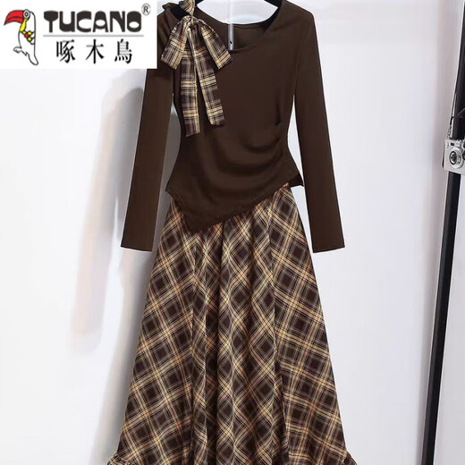 
Woodpecker (TUCANO) checked skirt women's suit irregular off-shoulder long-sleeved lace-up top thin 2025 early autumn new dress 829-Single top L