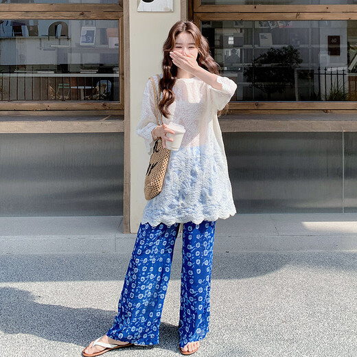 拉夏贝尔（La Chapelle）一整套ootd穿搭休闲套装女夏季2025新款蕾丝上衣复古阔腿裤两件套 宝蓝色 上衣+裤子  S (105斤内)