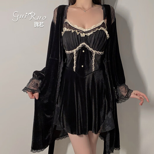 瑰若（Gui Ruo）瑰若丝绒内衣简约柔美纯欲大码吊带睡裙外袍女家 3879黑色（外袍+腰带 均码