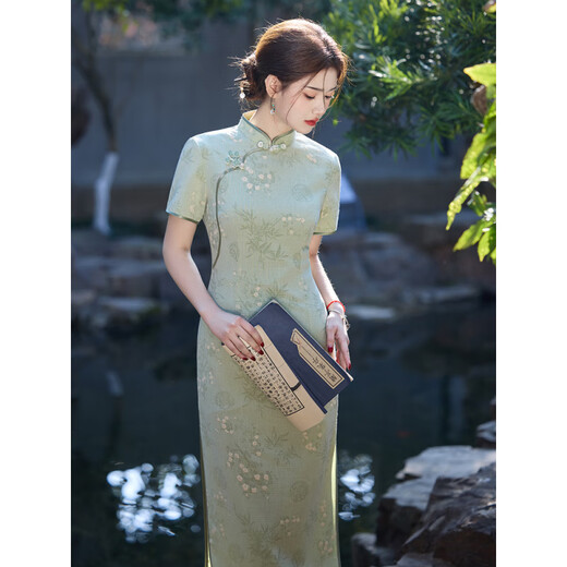 赛曼蝶高考旗开得胜妈妈旗袍女绿色旗袍2025新款夏季年轻款长款清新棉麻 826绿色棉麻 M