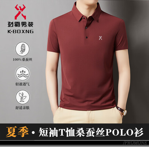Arneat Camiseta de manga corta Mulberry Seda Summer Castak Lapel Camiseta para hombres [Brick Red] 699 M 170/88a