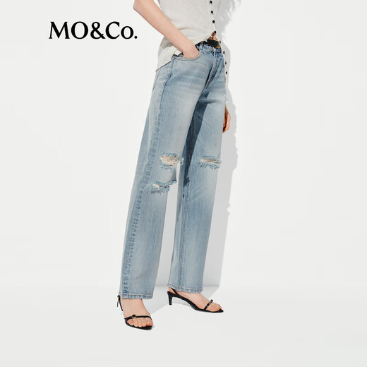 MO&Co.牛仔裤2025夏新品重工绳染手磨破洞中低腰直筒裤MBE2JEN002 牛仔蓝色 XS /XS