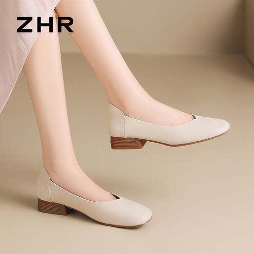 ZHR thick heel boat shoes for women, shallow mouth simple women's shoes for summer commuting single shoes for women AH677 beige 40