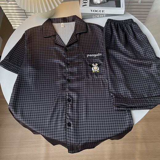 
Pajamas men's summer ice silk short sleeve shorts 2025 new cartoon teenager thin cardigan home clothing set KAD-13553 men's double short L