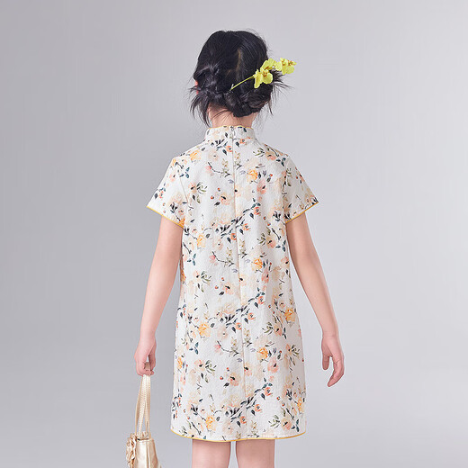 笛莎童装女童连衣裙2025夏季中大童新中式棉布旗袍裙 黄印花 160