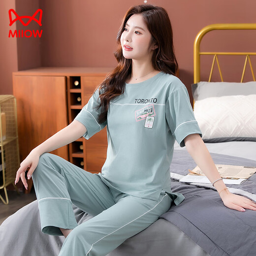 猫人（MiiOW）睡衣女夏季纯棉2025年新款短袖长裤家居服套装可外穿薄款全 7374豆绿 M 80-100斤