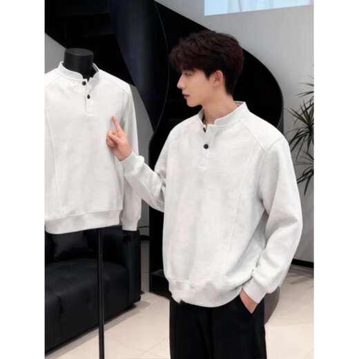 Wu Yinan American heavyweight velvet Henry collar inner layering shirt men's cleanfit simple right shoulder slim long-sleeved sweatshirt Black plus velvet models are in stock and ready to ship Black plus velvet 5XL