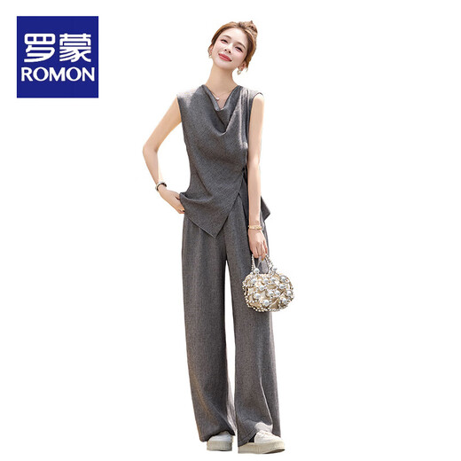 罗蒙（ROMON）2025超火夏装一整套套装女夏季新款时尚无袖背心上衣阔腿裤两件套 牛仔蓝 【版】 M