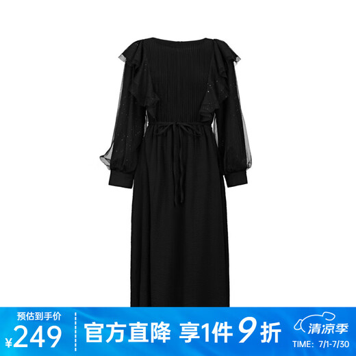 S.DEER San Dior Women's Round Neck Accordion Pleated Ruffle Mesh Dress S231Z1278 Black/91 L/170
