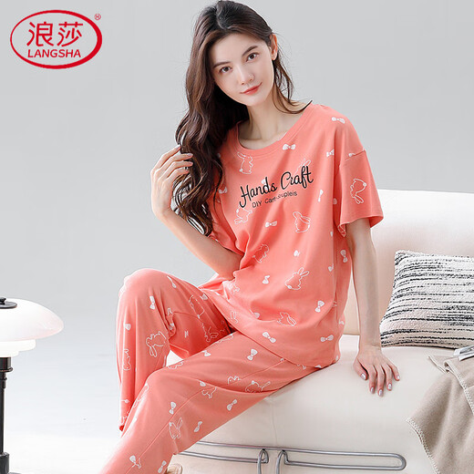 浪莎（LangSha）高档睡衣女纯棉短袖长裤甜美可外穿薄款棉女款家居服套装 Z9711 M 【建议80-100斤穿】