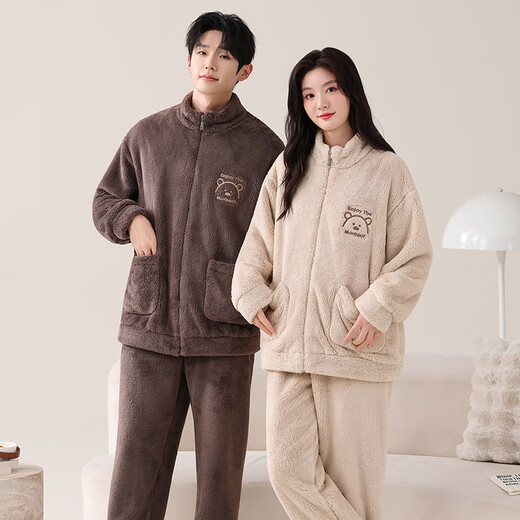 Imanan snowflake velvet couple pajamas for women winter thickened cardigan zipper warm casual men can be worn outside home clothes suit 5912 L women's style
