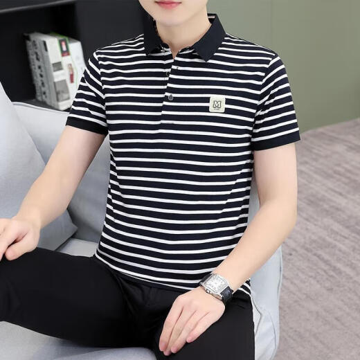 森马（Semir）商场同款男装夏季条纹男士短袖体恤纯棉休闲百搭polo衫男装中年带 黑白QY753 M [建议100-120斤]