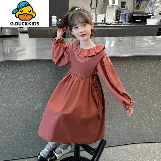 G.duck Girls' Dress Autumn Suit Western Style Children's Princess Dress Spring and Autumn Big Children's Suspender Skirt Two-piece Set MG-Flower Collar Suspender Skirt Suit-Coffee Color 150 Recommended Height 140cm