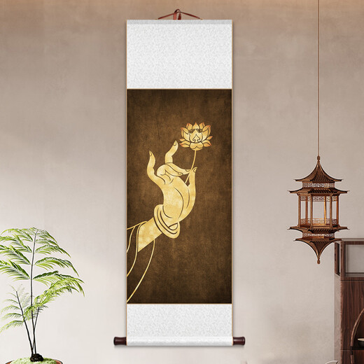承琉禅意空间卷轴挂画佛手莲花装饰画佛系古风画瑜伽馆壁画茶艺玄关画 12127款：佛手 整体尺寸：25*100cm乳白色锦绫+新款