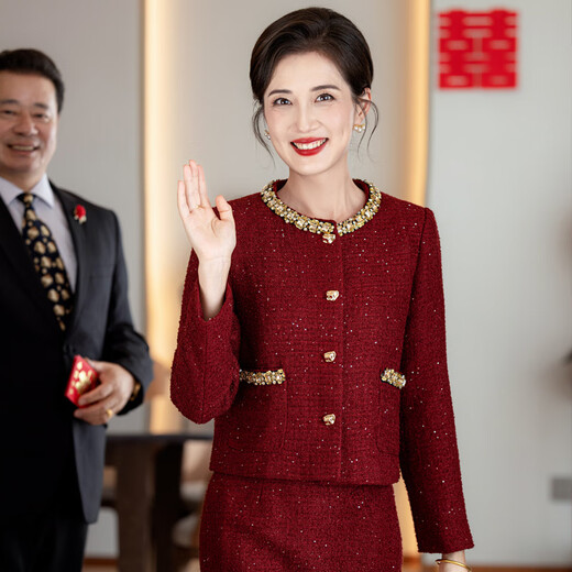 Wind top and skirt suit 2025 new style light luxury autumn and winter wedding dress for mom high burgundy_6407 2XL