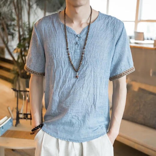 左斯客中国风男装刺绣T恤男短袖宽松大码薄款休闲盘扣复古棉麻上 686绿色 5XL (190斤内)