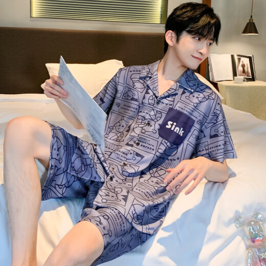 Catman (Miiow) ICE Seidenpyjamas Herren Sommer kurzärmelige Hose dünner Stil für junge Jungen Sommer-Herren-Hauskleidung 2025 Neuer Stil Set 12532 [Yunduo-Baumwollcrepe] l (empfohlene Größe beträgt etwa 170, Gewicht beträgt 100-