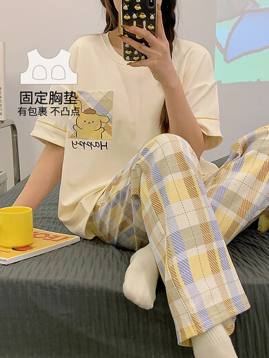 带胸垫睡衣女款棉质短袖长裤2025年新款卡通女士可外穿家居服套装 QGL9207 M