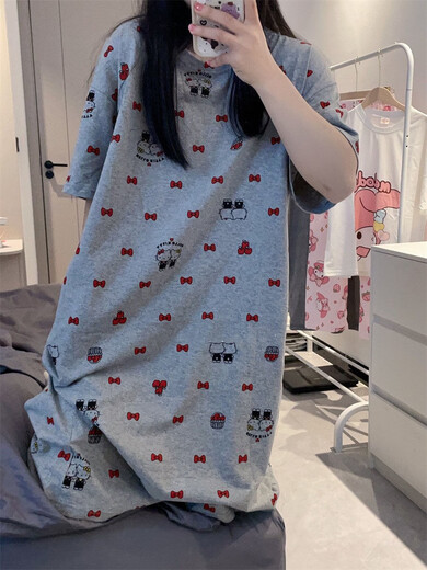 Ran Yilan's same Korean ins cute cartoon Katie cat short-sleeved nightgown for women's summer loose casual pajamas home clothes #tfn-r855 with chest pad removable M 160() Recommended weight 75-100Jin [Jin equals 0.5 kg]