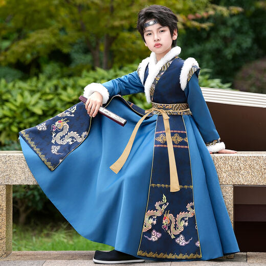 Anneyol Boys' Hanfu Autumn and Winter Chinese Style Ancient Costume Winter Children's Ancient Style Young Master Handsome Tang Suit Plus Velvet Blue 140